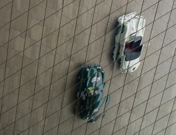 vintage Porsches reflected in the ceiling