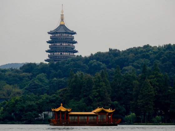 The must-see Lei Feng Pagoda stands majestically overlooking xihu